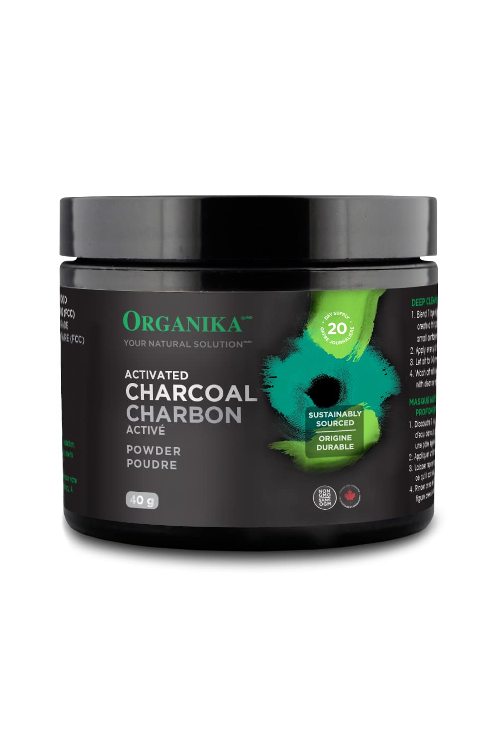 Organika Canadian-Made Activated Charcoal Powder- Food Grade, Detox Support, Teeth Whitening, Face Wash- 40g