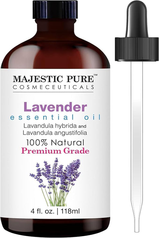 Majestic Pure Essential Oil with Glass Dropper - 100% Natural - Essential Oils for Diffuser, Aromatherapy, Soap and Candle Making, Lavender Essential Oil, Lavender Oil, 4 Fl Oz