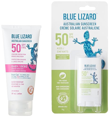 BLUE LIZARD SPF 50 Kids and Baby Duo, Mineral Sunscreen for Babies and Toddlers, Non-Greasy Sunscreen for Baby, Paraben-Free Zinc Oxide Sunscreen Stick for Kids, 2 Count, 89ml Tube and 14g Stick