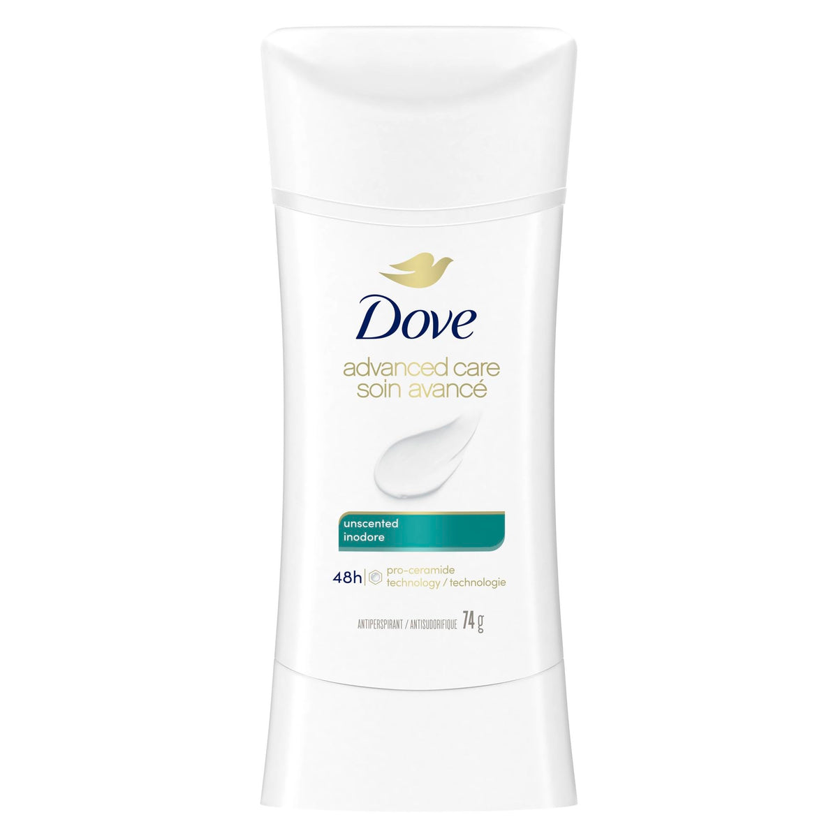 Dove Advanced Care Antiperspirant Deodorant for Women Unscented with Pro-Ceramide Technology for Soft, Resilient Skin, 74g