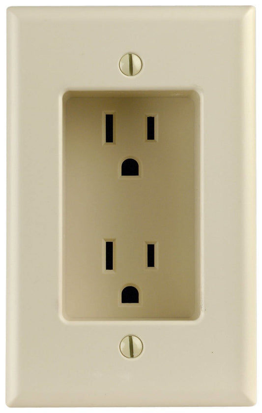 Leviton Decora 15 Amp 1-Gang Recessed Duplex Receptacle, Residential Grade, with Screws Mounted to Housing, 00689-00I, Ivory