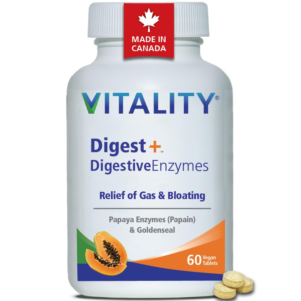VITALITY Digest+ Digestive Enzymes - Papaya Enzymes for Gas Relief, Acid Reflux & Bloating, Repair Gut Health with Goldenseal, Great for Traveling & Eating Out, Canadian Made, 60 Tablets