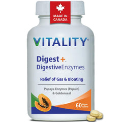 VITALITY Digest+ Digestive Enzymes - Papaya Enzymes for Gas Relief, Acid Reflux & Bloating, Repair Gut Health with Goldenseal, Great for Traveling & Eating Out, Canadian Made, 60 Tablets