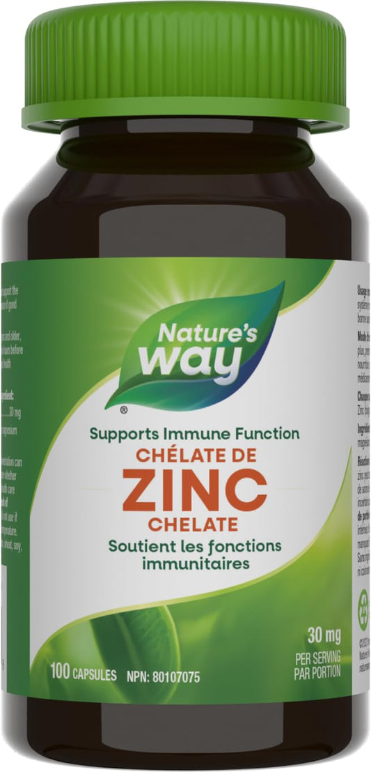 Nature's Way Zinc Chelate - Immune System, Energy Metabolism & General Health Support – Prevent Zinc Deficiency - 30mg Zn Chelate per capsule - Gluten Free - 100 Capsules