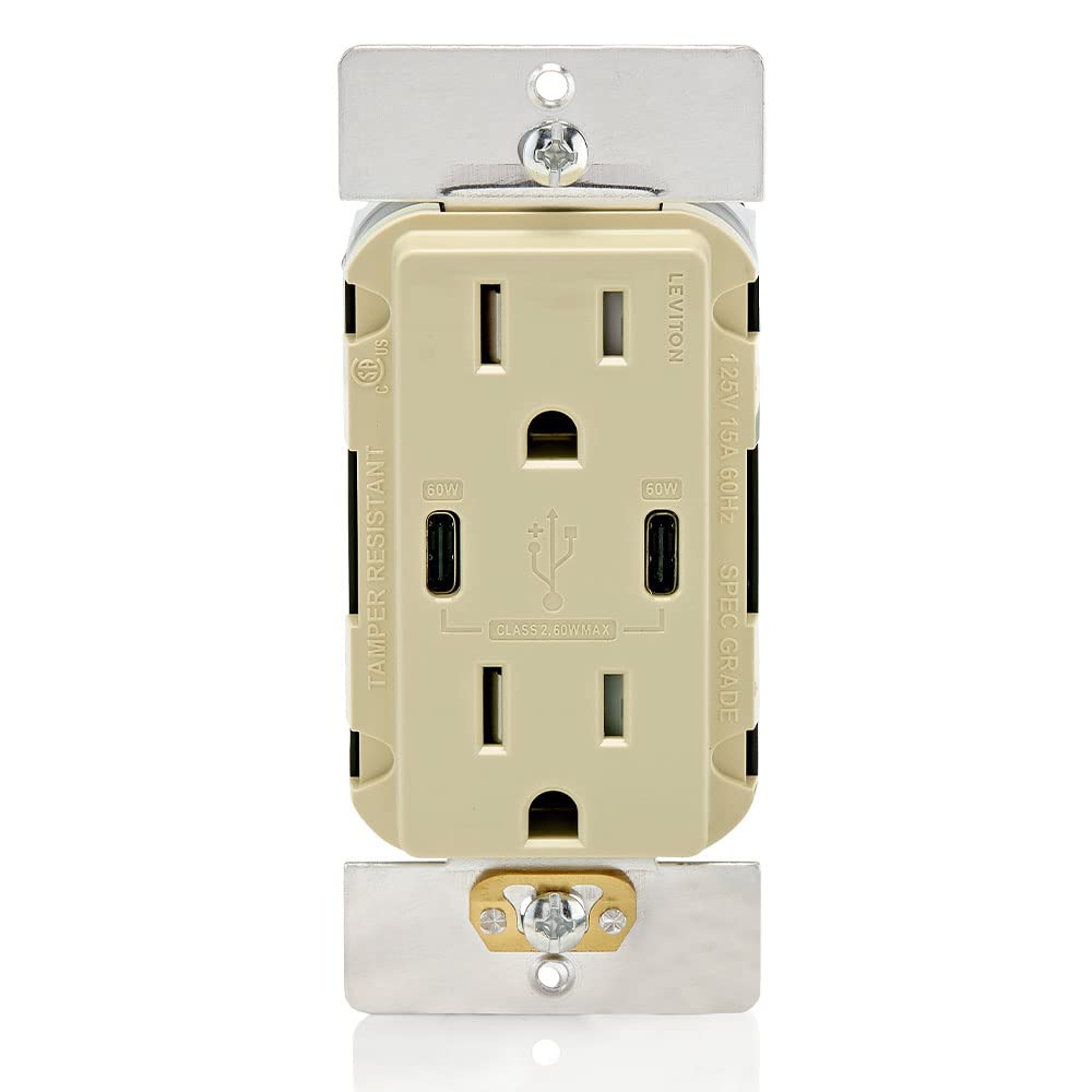 Leviton USB Dual Type-C Receptacle, 15 Amp, Tamper-Resistant, T5636-00I, Ivory