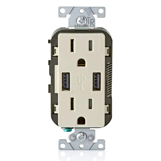 Leviton Decora USB Dual Type A Receptacle 3.6 Amp, 15 Amp Tamper-Resistant, T5632-00T, Light Almond