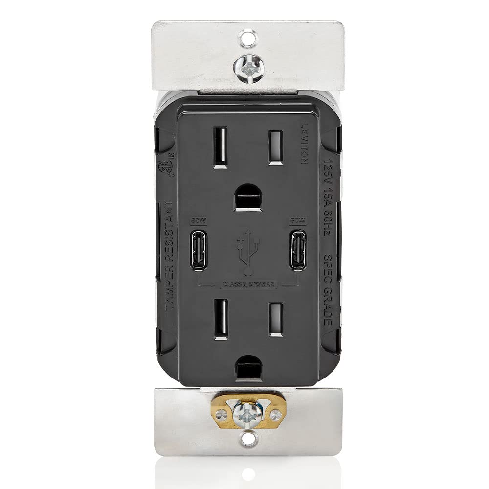 Leviton USB Dual Type-C Receptacle, 15 Amp, Tamper-Resistant, T5636-00E, Black