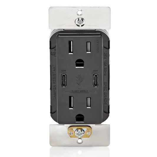 Leviton USB Dual Type-C Receptacle, 15 Amp, Tamper-Resistant, T5636-00E, Black