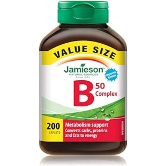 Jamieson Vitamin B50 Complex, Blend of 8 Essential B Vitamins, with Folate for Cellular Health, Supports Energy Production and Metabolism. Vegetarian, Non-GMO. Gluten-Free, Value Size, 200 Caplets, Proudly Canadian