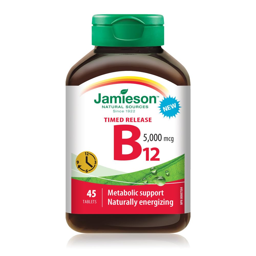 Jamieson Vitamin B12 5,000 mcg Timed Release Tablets, Methylcobalamin, Helps Prevent Vitamin B12 Deficiency, Supports Energy Production and Metabolism. One Per Day, Vegetarian, Non-GMO Gluten-Free, 45 Count, Proudly Canadian