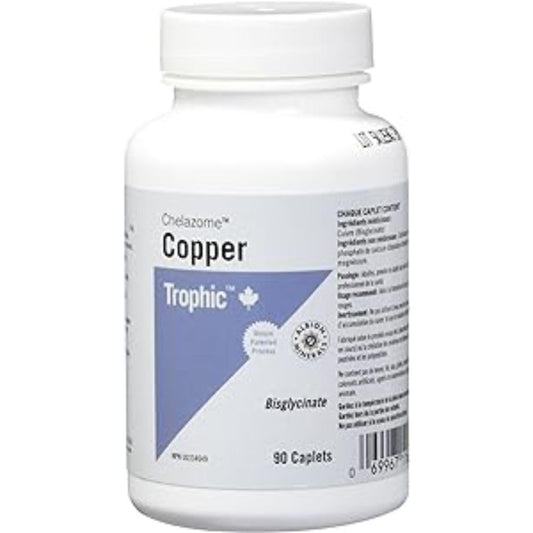 Trophic Copper Chelazome, 90's. Helps to produce red blood cells and connective tissue. Copper is a nutritional partner to Iron, helps to metabolize food into hemoglobin.