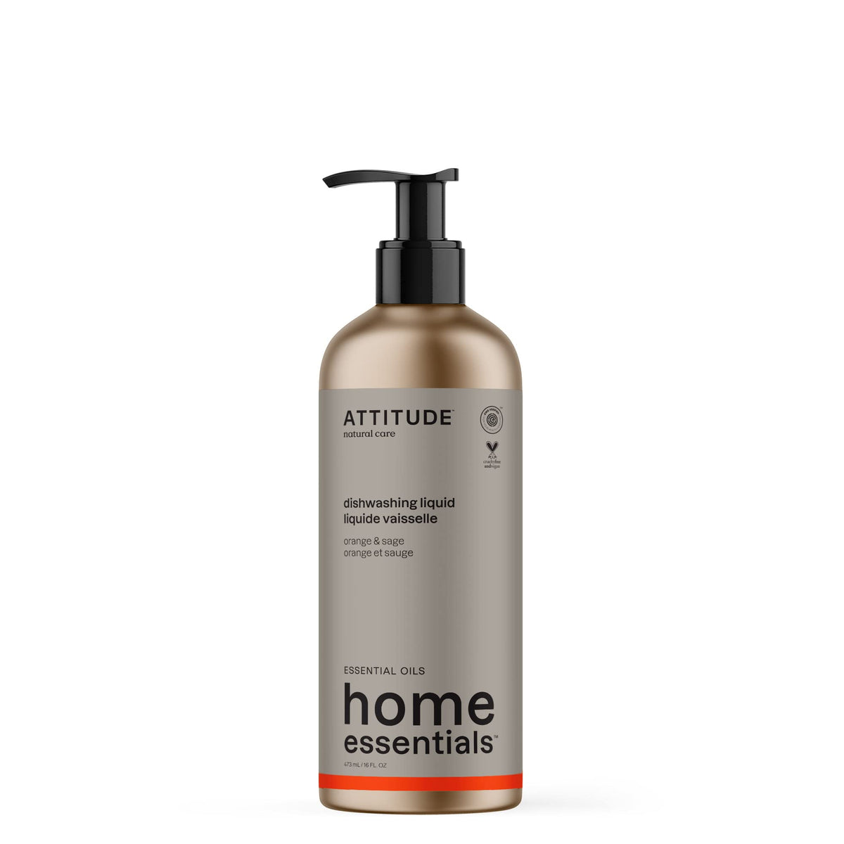 ATTITUDE Dish Soap with Essential Oils, Made in Canada, EWG Verified, Plant and Mineral-Based Ingredients, Vegan Household Products, Orange and Sage, Refillable Aluminum Bottle, 473 mL