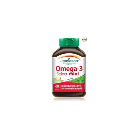 Jamieson Omega-3 Select Mini Softgels, Easy to Swallow, Supports Brain and Heart Health, and Helps Reduce Cholesterol. With EPA and DHA, Non-GMO, Gluten-Free, 200 Count, Proudly Canadian