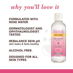 Burt's Bees Rose Micellar Toning Water, 3 in 1 Face Cleanser, Makeup Remover and Toner for all skin types , Alcohol Free, Dermatologist Tested, 1 Count