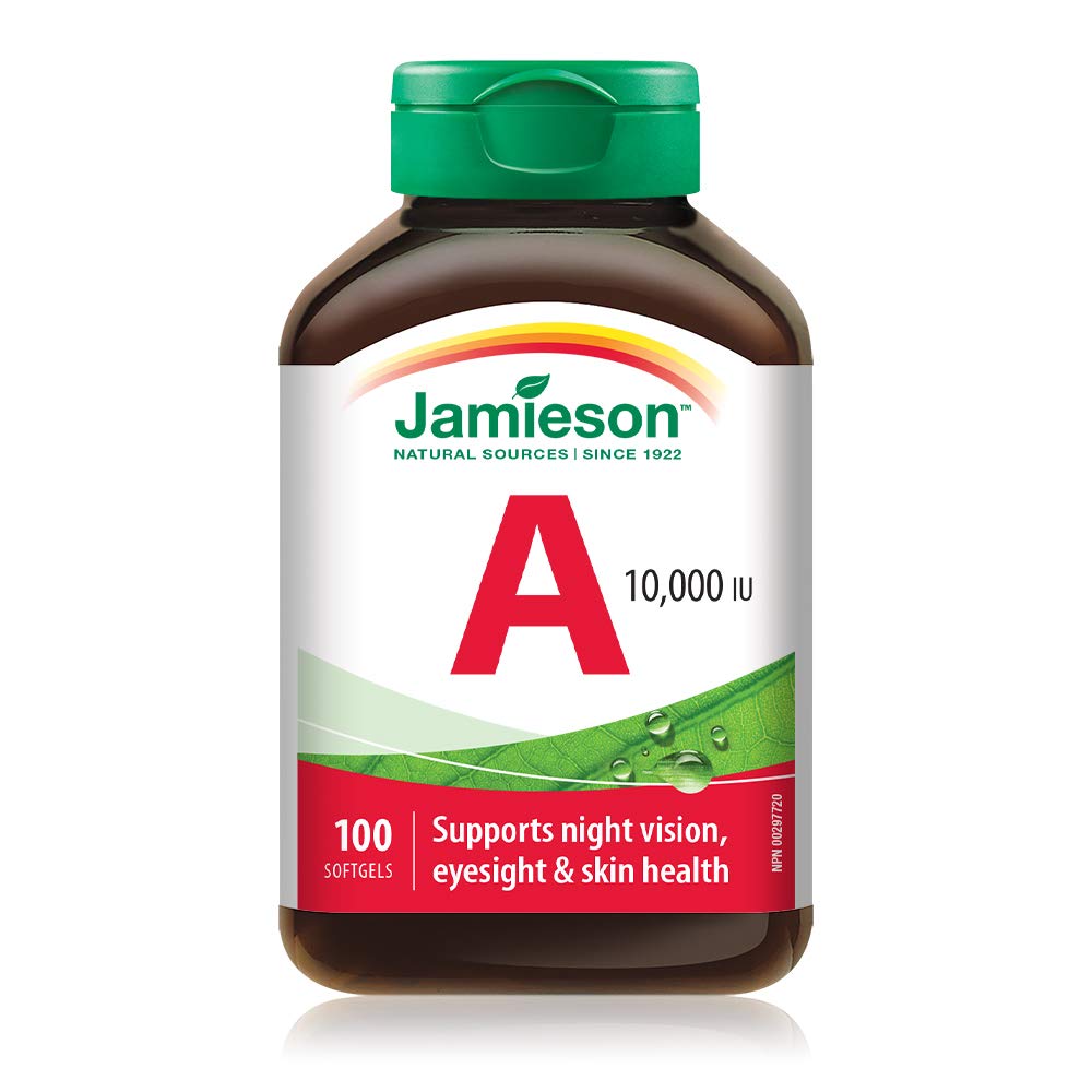 Jamieson Vitamin A 10,000 IU Softgels, Eyesight Support and Skin Health. Gluten-Free, Lactose-Free, No Artificial Colours or Flavours, 100 Count, Proudly Canadian