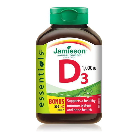 Jamieson Vitamin D3 1,000 IU Tablets, Supports Immune Health, Strong Bones, and Teeth, Enhances Calcium and Phosphorus Absorption. Vegetarian, Non-GMO, Gluten-Free, One Per Day, 240 Count, Proudly Canadian