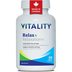 VITALITY Relax - Herbal Sleep Aid & Natural Relaxant, Tension & Stress Relief Support for Day & Night - Valerian Root, Passionflower, Melatonin-Free, Canadian Made, 60 Vegan Tablets