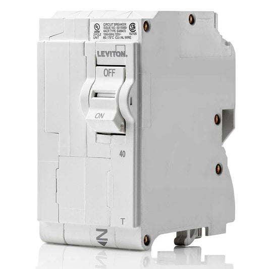 Leviton LB240-T 40A 2-Pole Plug-On Standard Branch Circuit Breaker, Thermal Magnetic, 120/240 VAC, White
