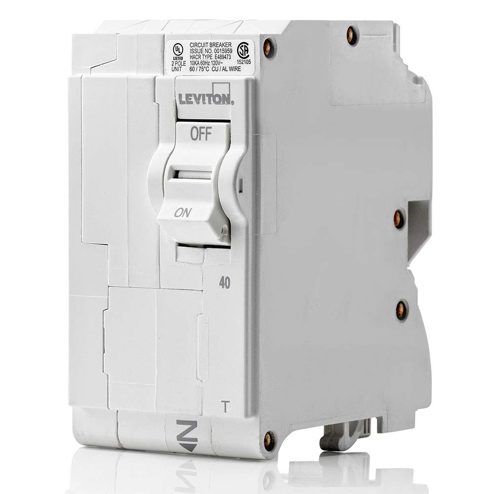 Leviton LB240-T 40A 2-Pole Plug-On Standard Branch Circuit Breaker, Thermal Magnetic, 120/240 VAC, White