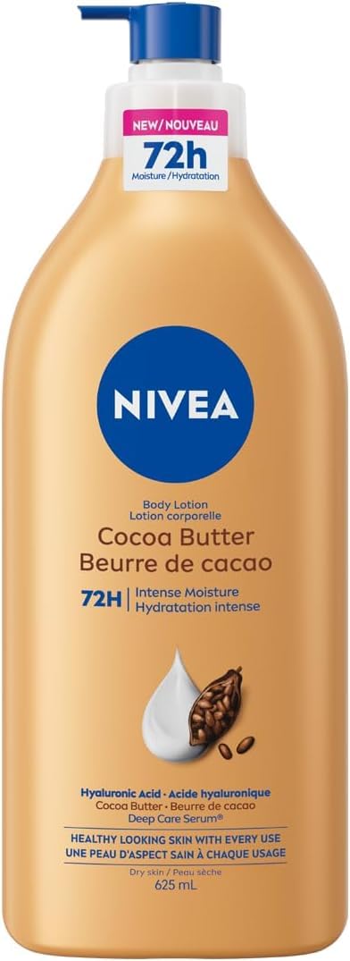 NIVEA Cocoa Butter 72-Hr Moisturizing Body Lotion for Dry Skin, Body Moisturizer with Hyaluronic Acid and Cocoa Butter, Non-Greasy and Quick-Absorbing, 625 mL Bottle