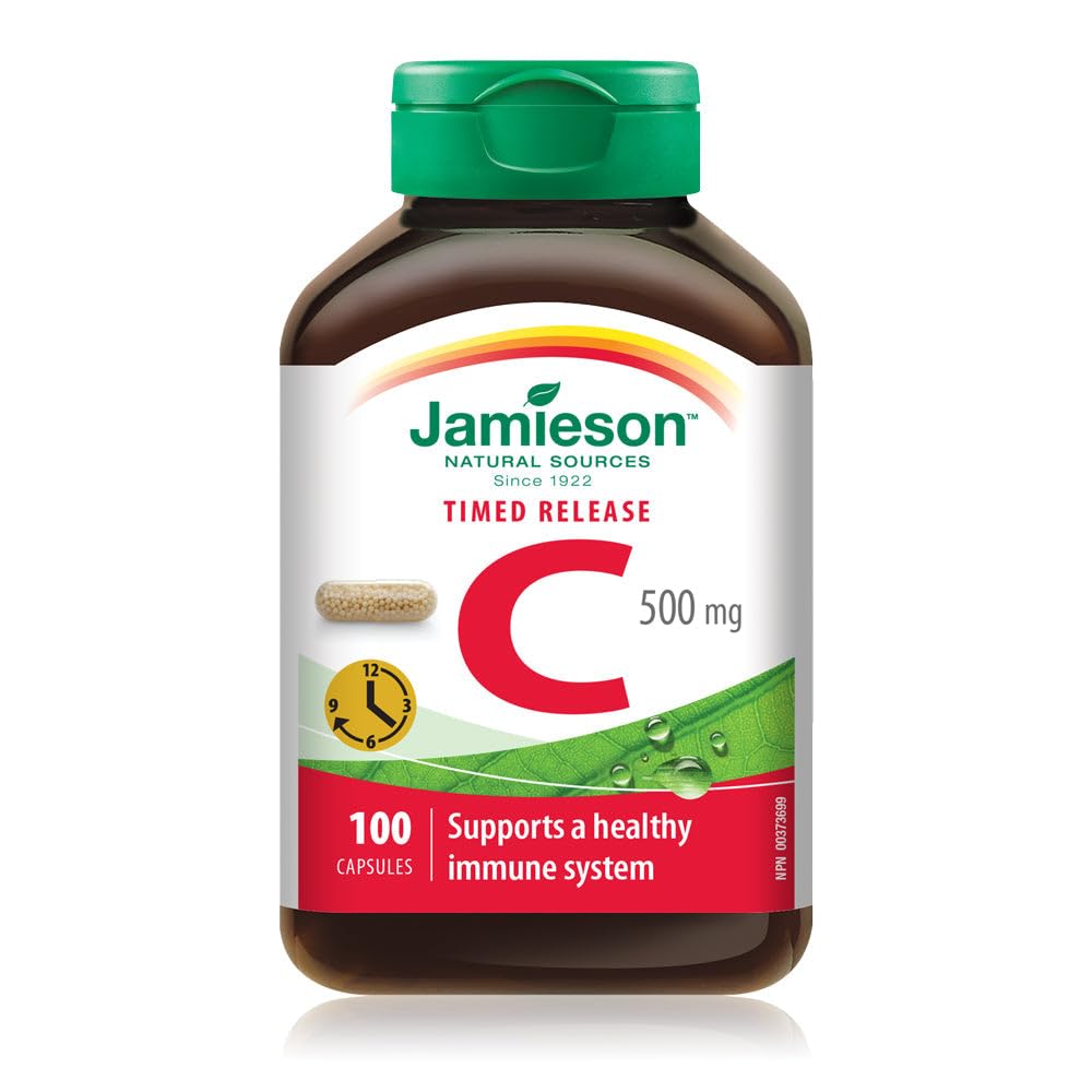 Jamieson Vitamin C 500 mg Timed Release Capsules, Supports Immune Health, Strong Teeth and Bones. Gradual Release of Vitamin C Throughout the Day, Vegetarian, Gluten-Free, 100 Count, Proudly Canadian