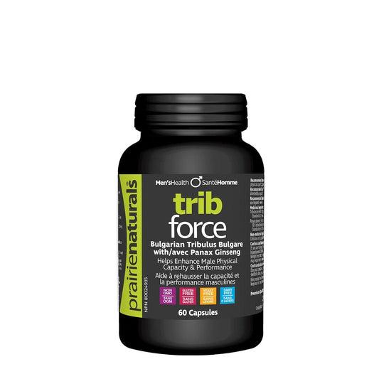 Prairie Naturals Trib Force tribulus & bulgarian caps - enhance physical performance. Panax Ginseng. Healthy glucose levels. Cognitive function. Relieve mental fatigue. Non-GMO. Gluten free. Yeast free. Dairy free - 60 Capsules