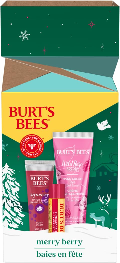 Burt’s Bees Merry Berry Holiday Gift Set with Pomegranate Moisturizing Lip Balm, Berry Sorbet Squeezy Tinted Balm and Wild Rose and Berry Hand Cream, Christmas Gifts, Stocking Stuffer
