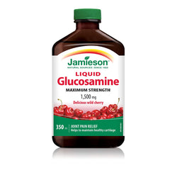 Jamieson Maximum Strength Glucosamine Liquid 1,500 mg Liquid Wild Cherry Flavour, Provides Joint Pain Relief, Osteoarthritis Support, and Cartilage Deterioration Protection. Gluten-Free, Lactose-Free, No Artificial Flavours, 350 mL, Proudly Canadian