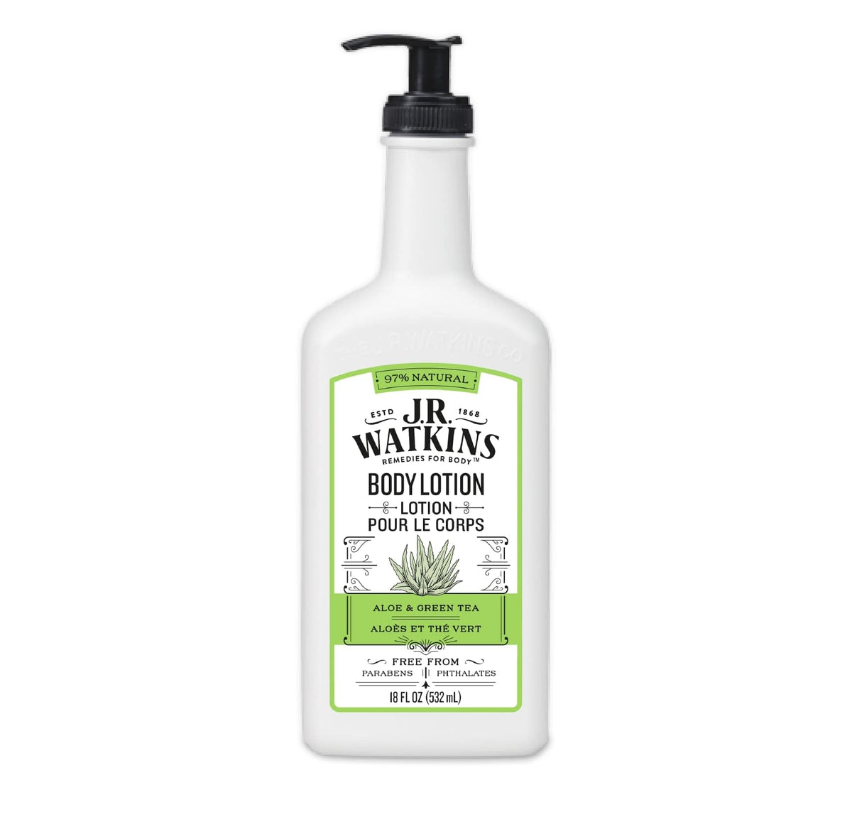 J.R. Watkins Aloe and Green Tea Daily Moisturizing Lotion, Body Cream in Pump Dispenser, Hydrating Skin Cream Made with Shea Butter, Cocoa Butter, Coconut Oil & Vitamin E, 532 Milliliters