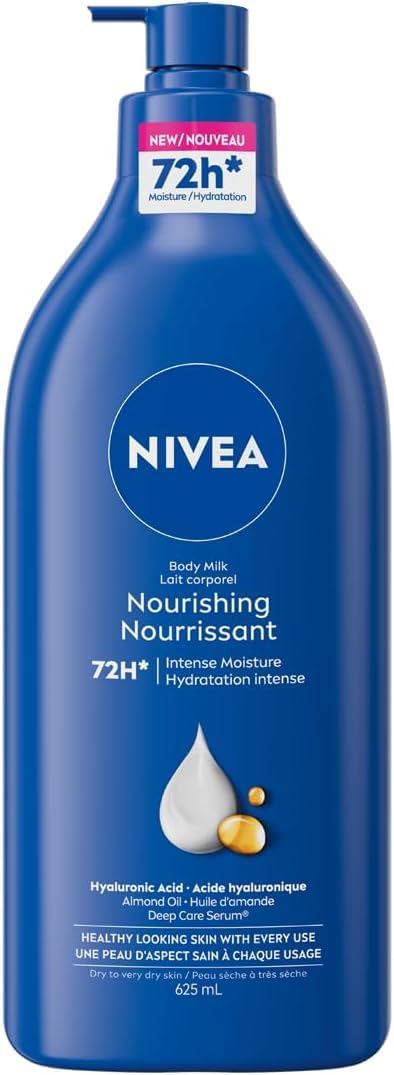 NIVEA Nourishing 72-Hr Hydrating Body Lotion for Very Dry Skin, Body Milk with Hyaluronic Acid and Almond Oil, Non-Greasy and Quick-Absorbing, 625 mL Bottle