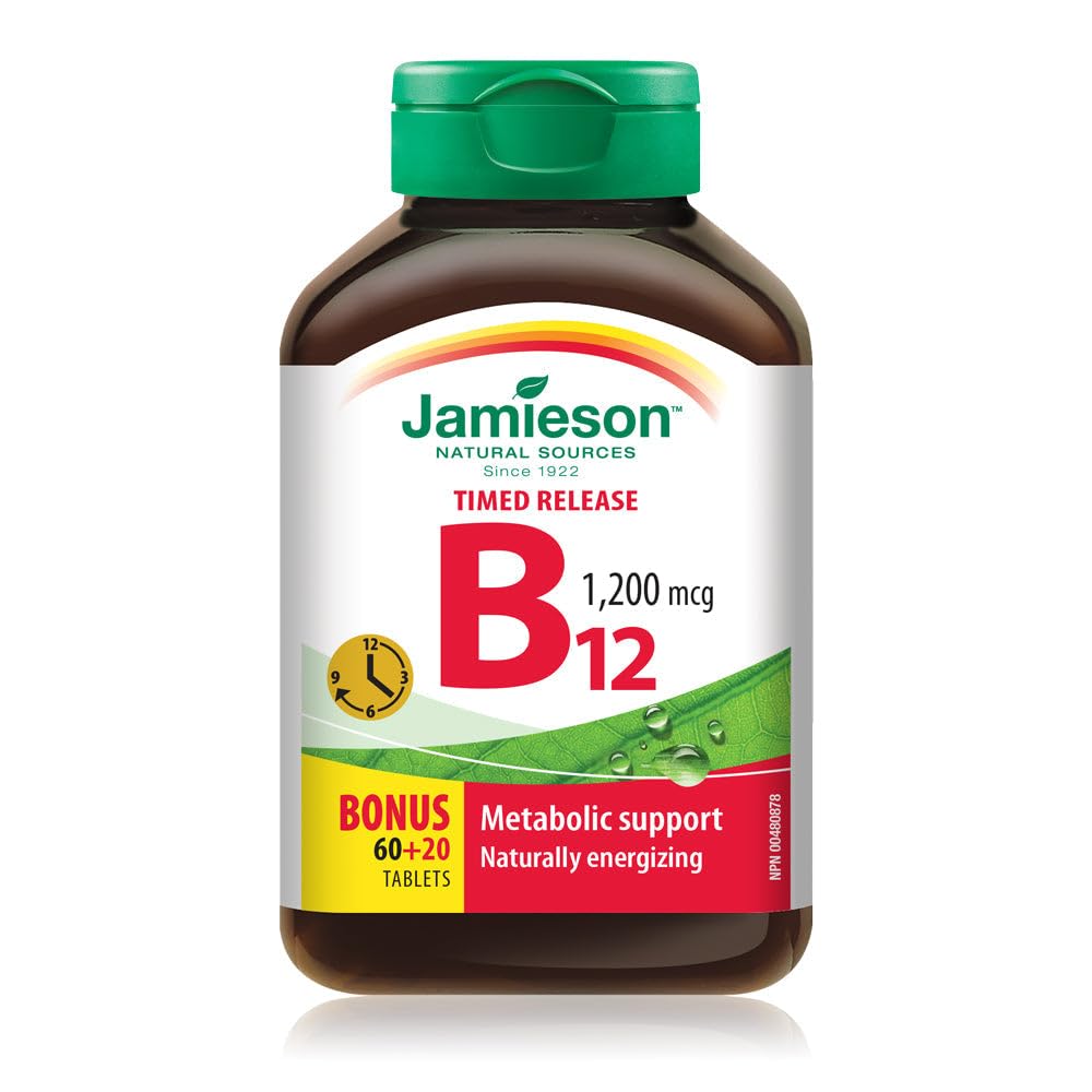 Jamieson Vitamin B12 Methylcobalamin 1,200 mcg Tablets, Timed Released, Faster Acting, Naturally Energizing, and Supports Metabolism. Vegetarian, Non-GMO, Gluten-Free, 80 Count, Proudly Canadian