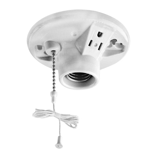 Leviton One-Piece Glazed Porcelain Outlet Box Mount, Incandescent Lampholder, Pull Chain, Top Wired, 09726-00C, White