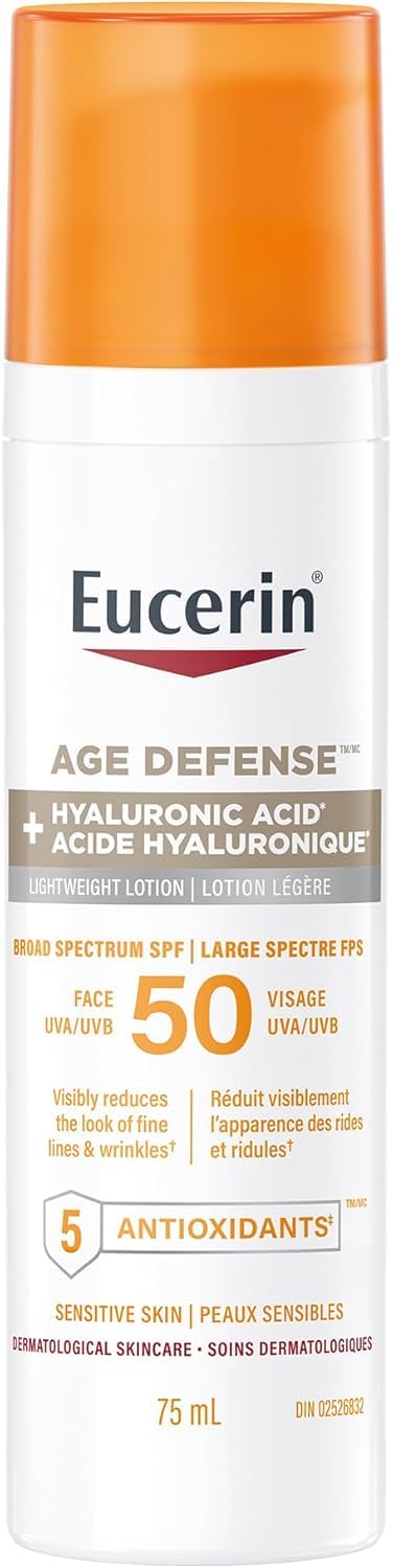 Eucerin Sun Age Defense Face Sunscreen SPF 50 | Facial Sunscreen with Hyaluronic Acid and 5 Antioxidants | For Sensitive & Aging Skin | Reduce the look of fine line & wrinkles* | 75mL pump