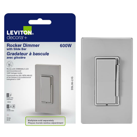 Leviton Decora Dimmer with Slide Bar and Rocker Switch, 15 Amp, DSL06-L1G, Grey