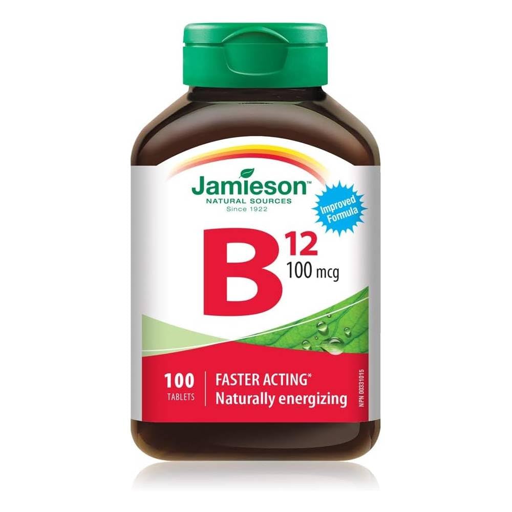 Jamieson Vitamin B12 100 mcg, Methylcobalamin, Helps Prevent Vitamin B12 Deficiency, Supports Energy Production and Metabolism. Vegetarian, Gluten-Free, 100 Tablets, Proudly Canadian