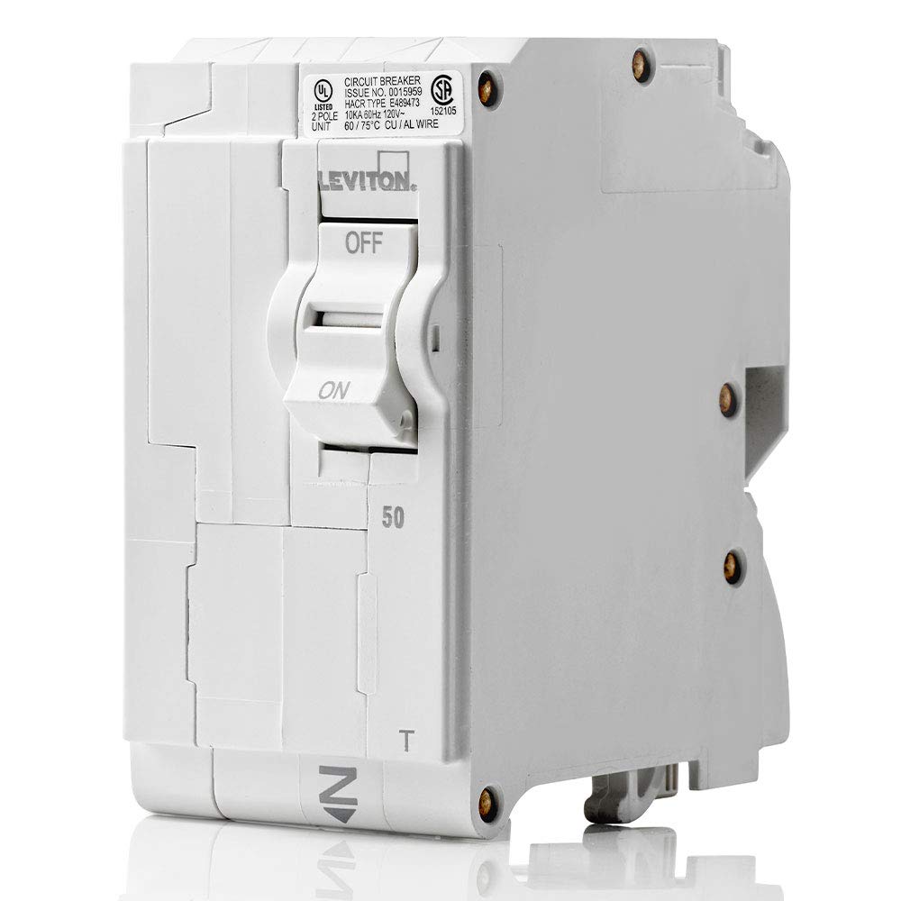 Leviton LB250-T 50A 2-Pole Plug-On Standard Branch Circuit Breaker, Thermal Magnetic, 120/240 VAC, White