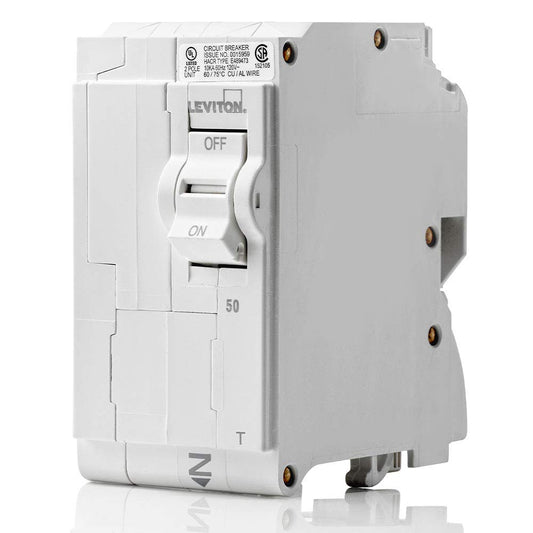 Leviton LB250-T 50A 2-Pole Plug-On Standard Branch Circuit Breaker, Thermal Magnetic, 120/240 VAC, White