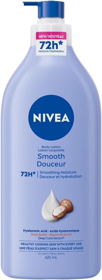 NIVEA Smooth 72-Hr Moisturizing Body Lotion for Dry Skin, Body Moisturizer with Hyaluronic Acid and Shea Butter, Non-Greasy and Quick-Absorbing, 625 mL Bottle
