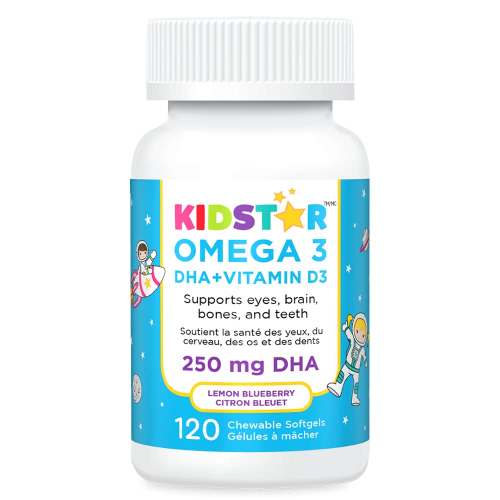 KidStar Nutrients Omega 3 for Kids with Vitamin D3, High-DHA — Kids Omega 3 Supplements Supports Brain, Bones & Immune Health — Fish Oil for Kids/Toddler, Lemon Blueberry, 120 Chewable Softgels
