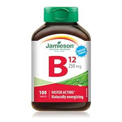 Jamieson Vitamin B12 250 mcg, Methylcobalamin, Red Blood Cell Formation, Supports Energy Production and Metabolism. Vegetarian, Non-GMO, Gluten-Free, 100 Tablets, Proudly Canadian