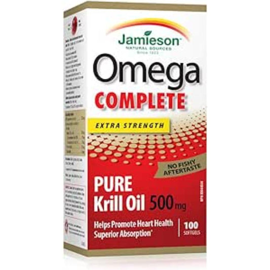 Jamieson Omega Complete Pure Krill Oil 500 mg Softgels, No Fishy Aftertaste, Supports Heart Health, and Provides Superior Absorption. With Antarctic Krill Oil, EPA, DHA, Phospholipids, and Astaxanthin, Gluten-Free, 100 Count, Proudly Canadian