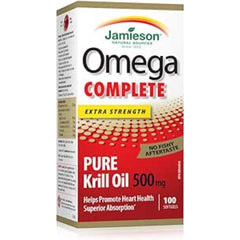 Jamieson Omega Complete Pure Krill Oil 500 mg Softgels, No Fishy Aftertaste, Supports Heart Health, and Provides Superior Absorption. With Antarctic Krill Oil, EPA, DHA, Phospholipids, and Astaxanthin, Gluten-Free, 100 Count, Proudly Canadian