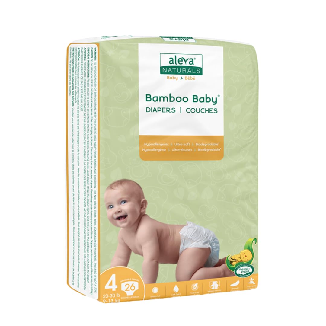 Aleva Naturals Hypoallergenic Bamboo Baby Diapers for Baby, Ultra Soft, Sensitive Skin Friendly, Biodegradable, Disposable - Size 4 (20-30 lbs / 9-13kg), 26 Count, Unbleached