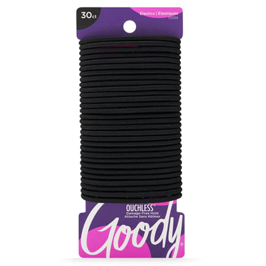 Goody Ouchless Hair Elastics - No Pull, No Breakage, Tangle-Free Hold for Thick, Curly, Coily & Textured Hair - 30 Count, Black, Long-Lasting Ponytail Holders for Women & Men