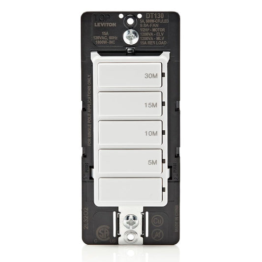 Leviton Countdown Timer Switch, 5-10-15-30 min, No Neutral Required, Single Pole, 15A, 1/2HP/9.8A Fan/Motor, DT130-1LW, White
