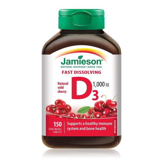 Jamieson Vitamin D3 1,000 IU Fast Dissolving Tablets Natural Wild Cherry Flavour, Supports Immune Health, Strong Bones and Teeth. Vegetarian, Non-GMO, Gluten-Free, No Artificial Flavours, Colours or Preservatives, 150 Sublingual Tablets, Proudly Canadian