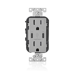 Leviton USB Dual Type C Receptacle 30 W, 6 Amp, 15 Amp Tamper-Resistant, T5635-00G, Grey