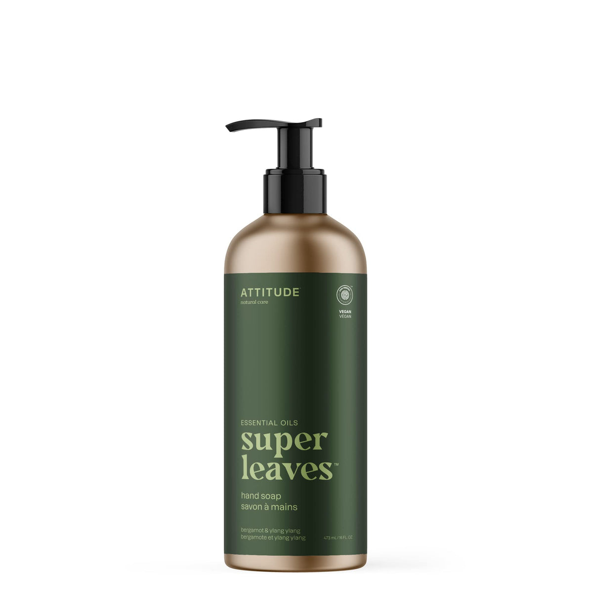 ATTITUDE Hand Soap with Essential Oils, Made in Canada, EWG Verified, Plant and Mineral-Based Ingredients, Vegan Personal Care Products, Refillable Aluminum Bottle, Bergamot and Ylang Ylang, 473 ml