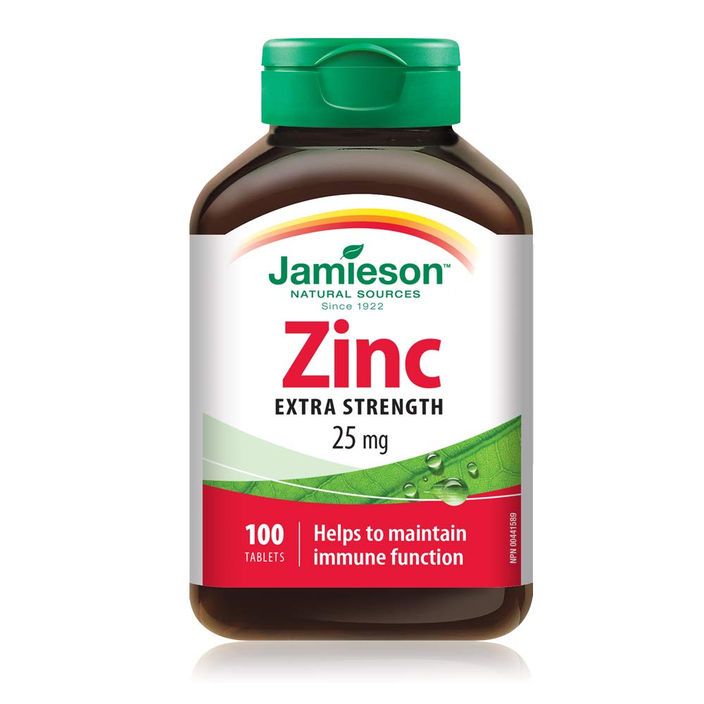 Jamieson Zinc 25 mg, Extra Strength, High Absorption, Supports Immune Health, Tissue Formation, and Healthy Skin. Vegetarian, Non-GMO, Gluten-Free, 100 Tablets, Proudly Canadian