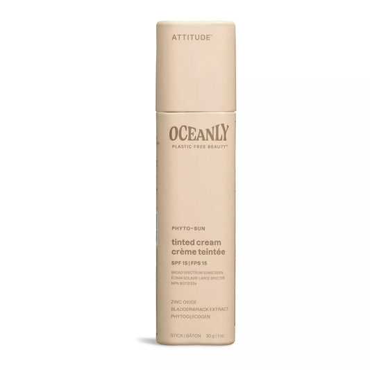 ATTITUDE Oceanly Tinted Face Cream Stick with SPF 15, Made in Canada, EWG Verified, Plastic-free, Plant and Mineral-Based Ingredients, Vegan and Cruelty-free Beauty Suncare Products, Unscented, 30 grams